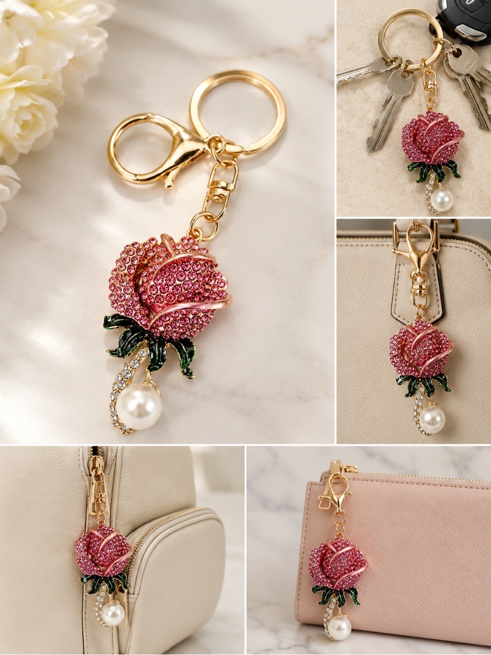 Pink Crystal Rose Gold Keychain with Pearl Charm